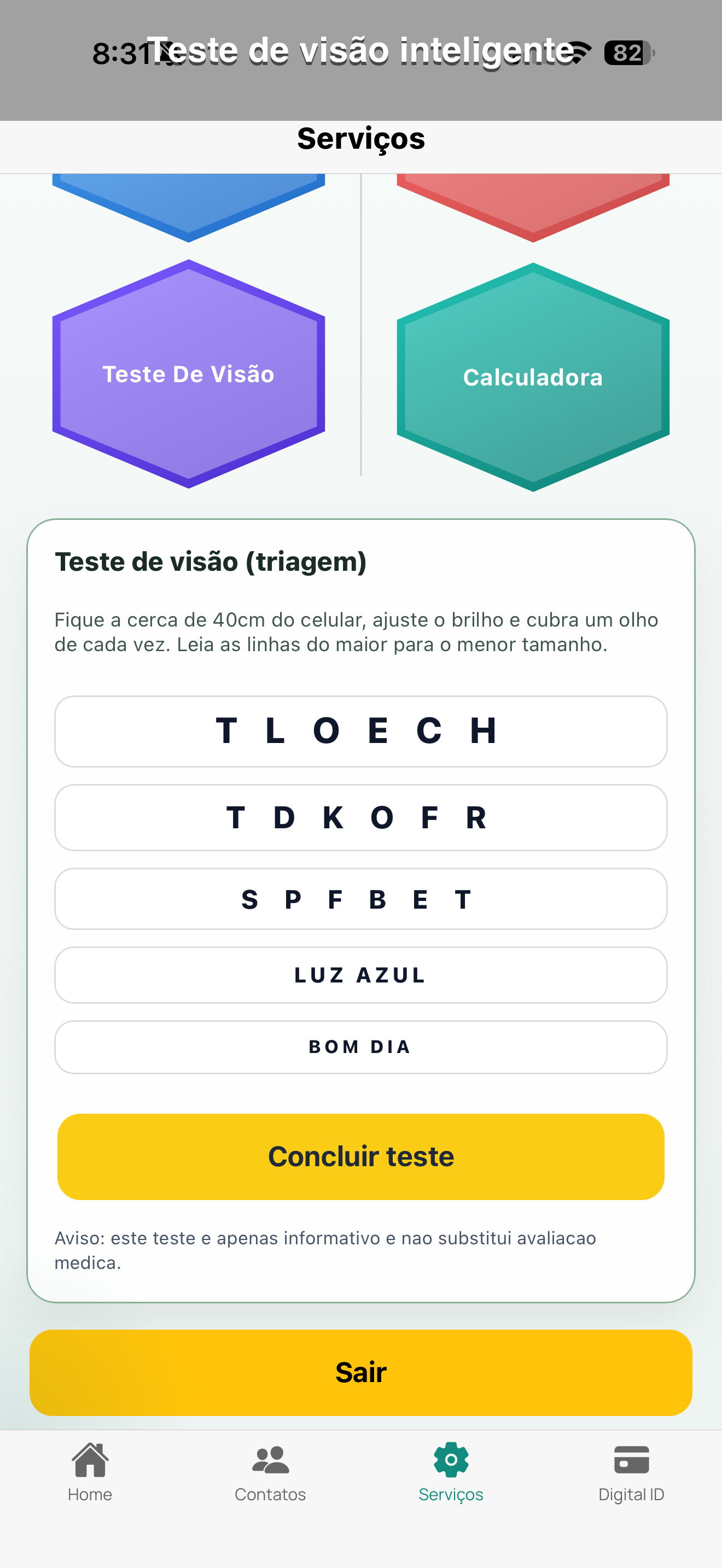 Teste de visão no app