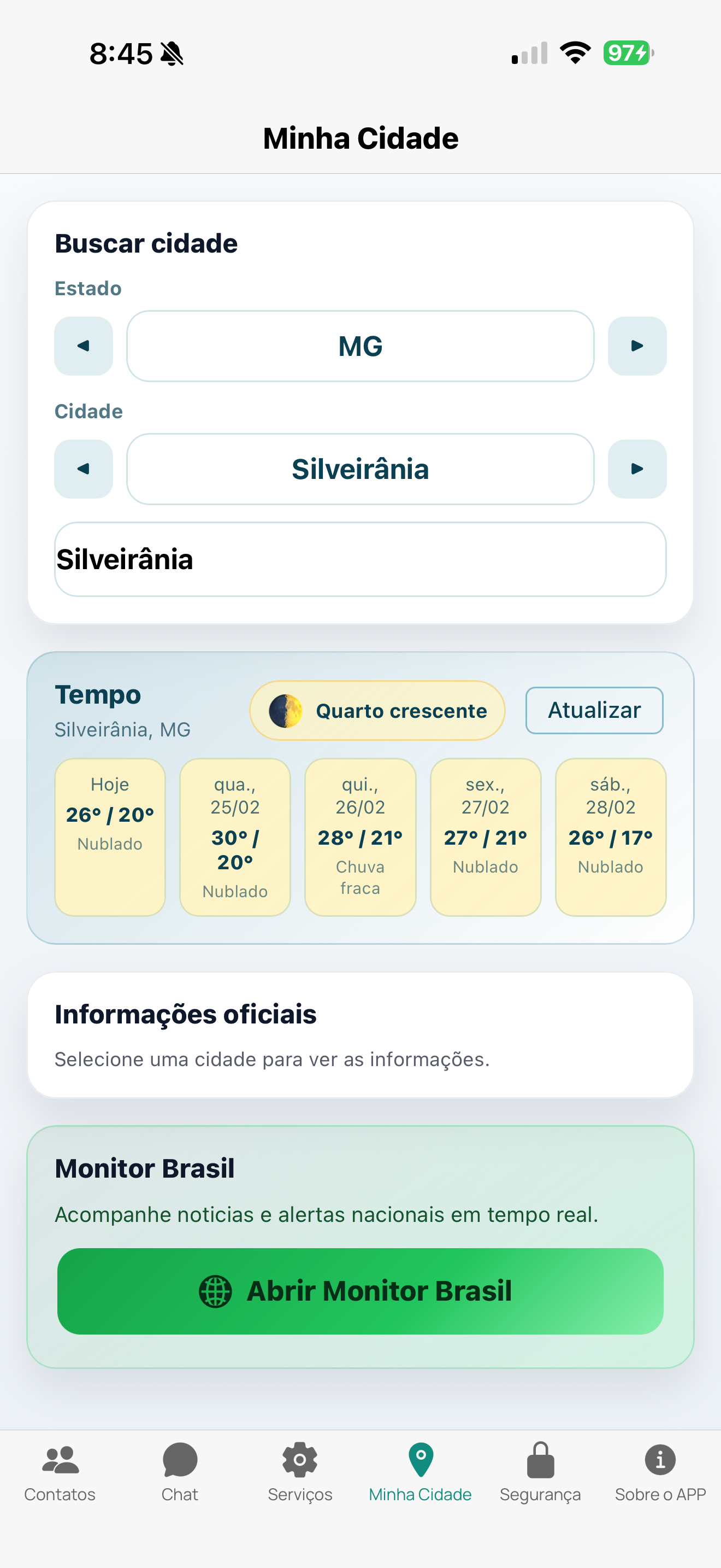 Tela Minha Cidade com clima e informações locais