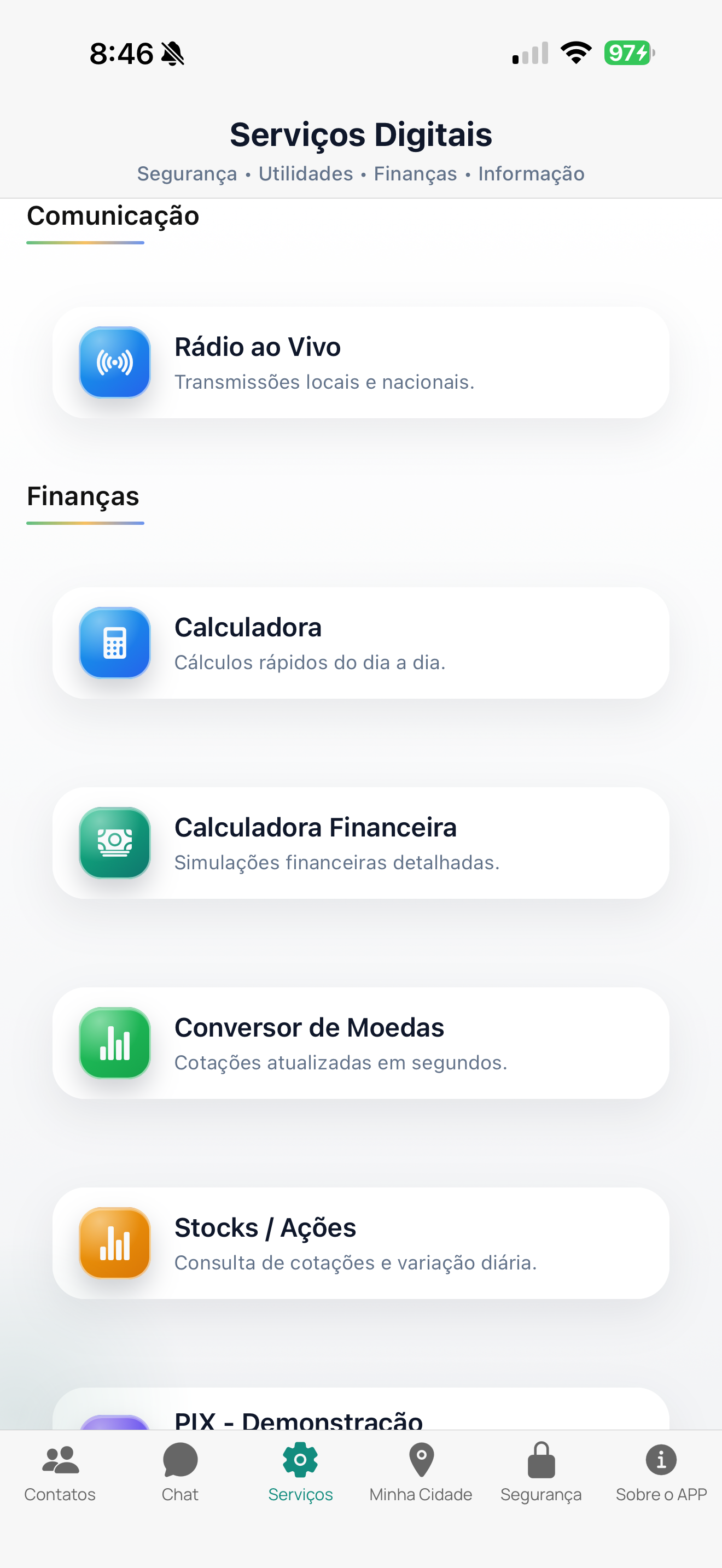 Tela principal de serviços digitais do Fala Brasil