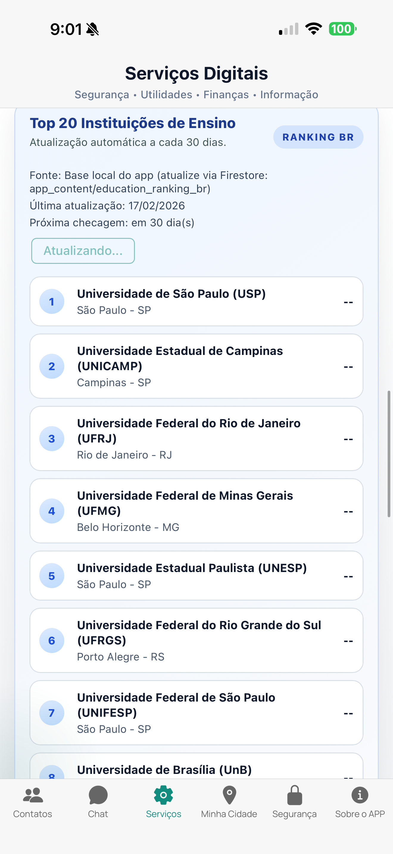Serviço com ranking de instituições de ensino