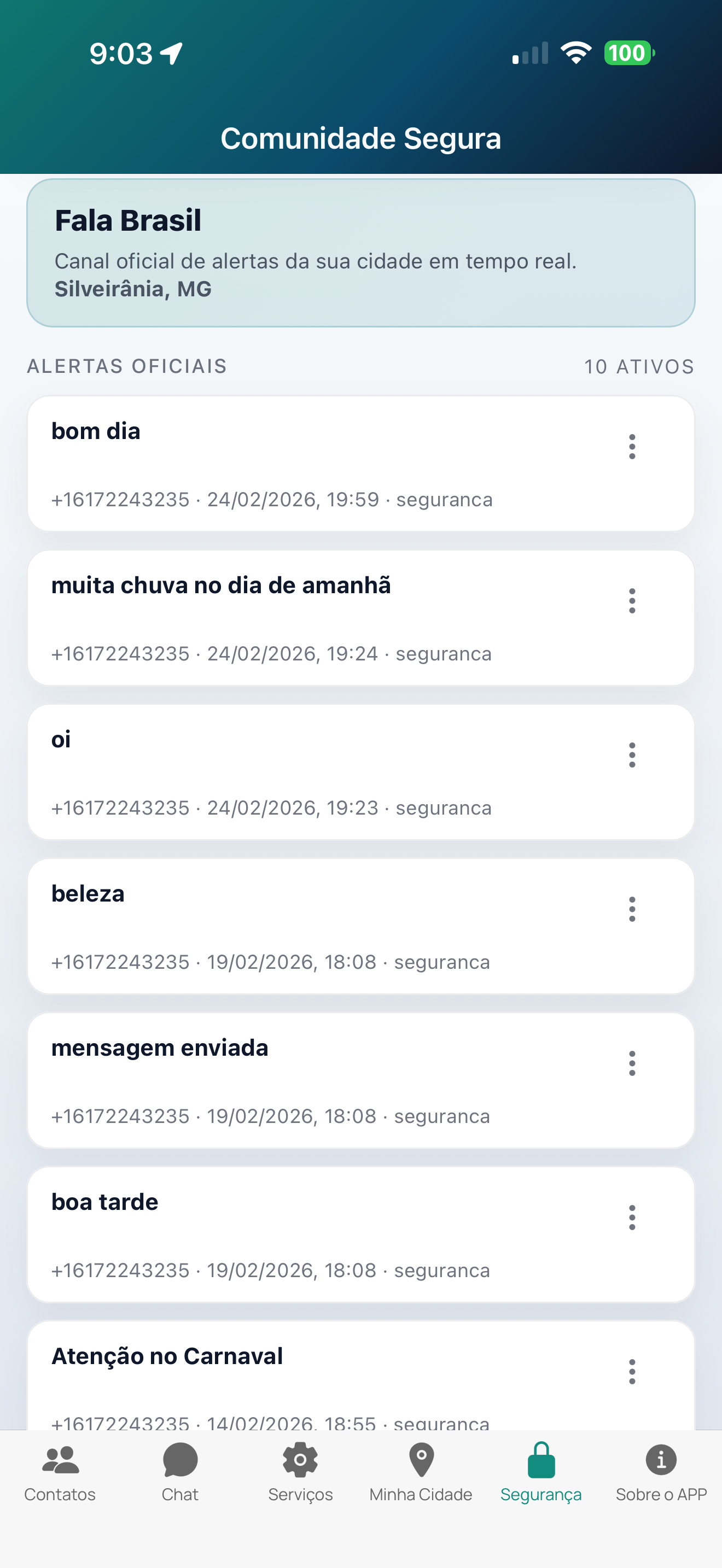 Tela Comunidade Segura com alertas oficiais